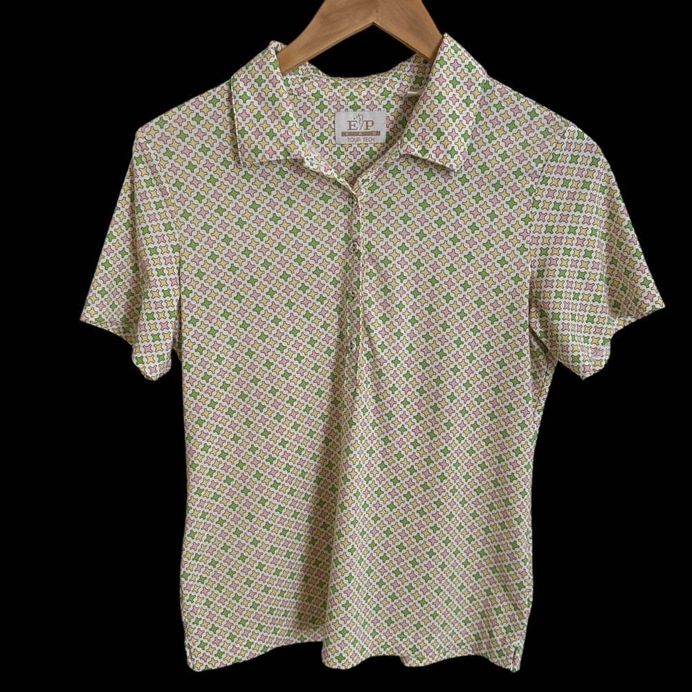 EP Pro Tour Tech womens Medium‎ Pastel Print Golf Polo Shirt Stretchy Easter